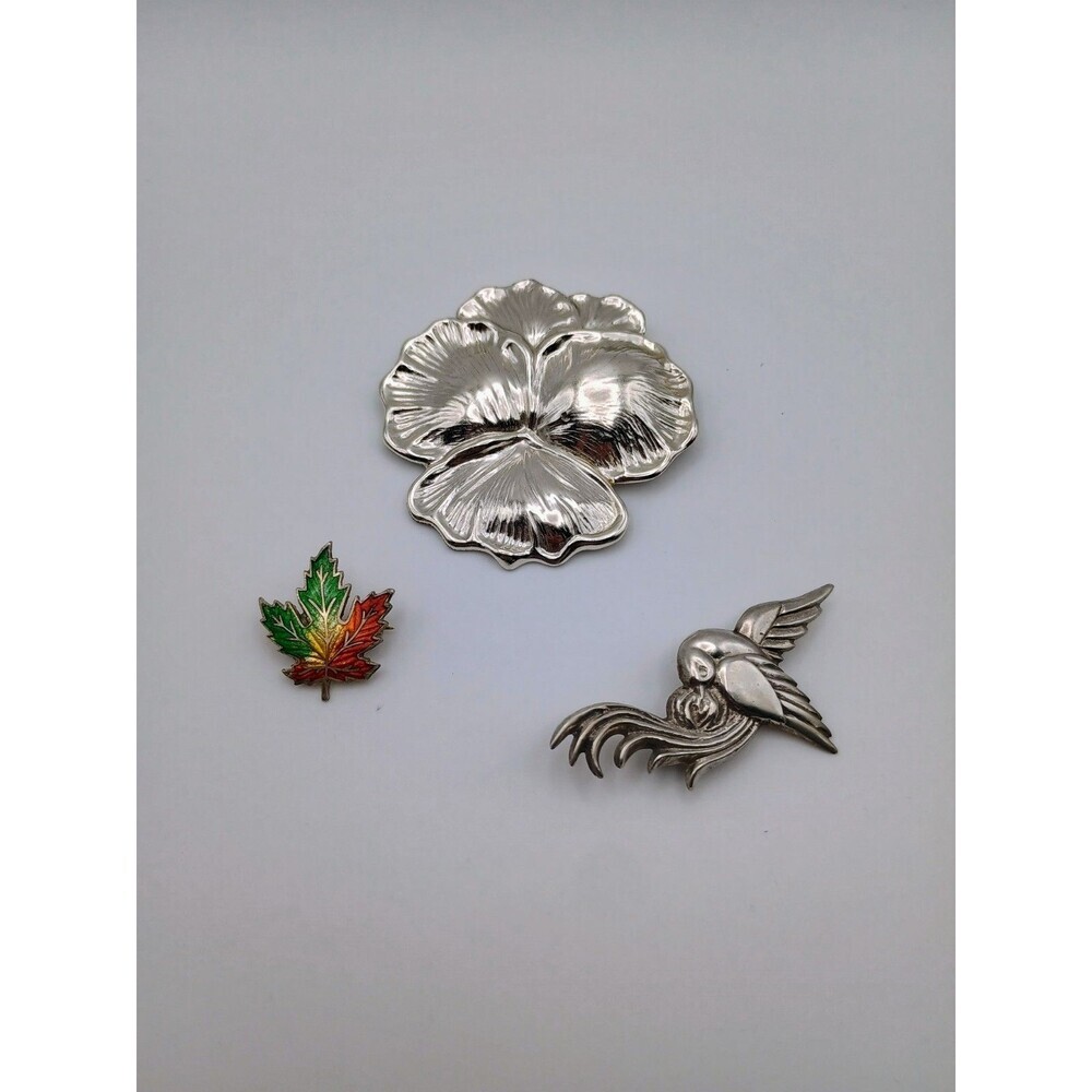 Lot Of 3 Vintage Sterling Silver Pin Brooches- Pansy, Mexican Silver Bird, Leaf
